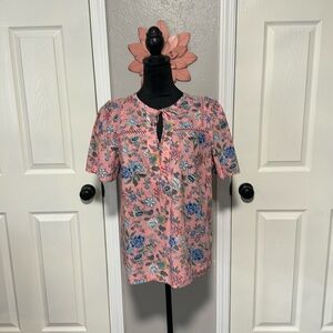 Loft Ann Taylor pink, floral print blouse, small tie at neck - size medium